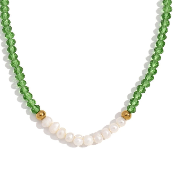 Handmade Stainless Steel And Fresh Water Pearl Necklace With Geometric Green Cut Crystal Pendant Electroplated For Women