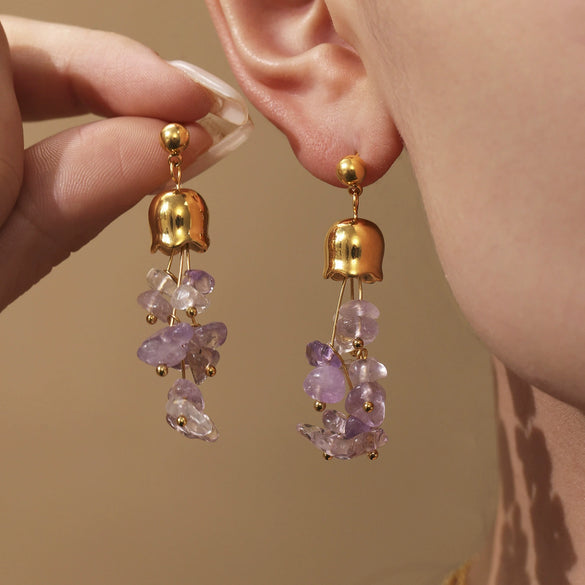 Handmade Stainless Steel And Natural Crystal Geometric Ferris Wheel And Lily Of The Valley Flower Electroplated Earrings For Women