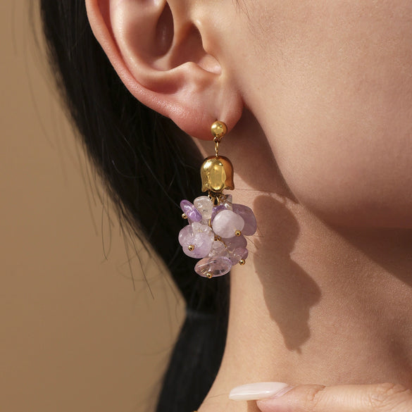 Handmade Stainless Steel And Natural Crystal Geometric Ferris Wheel And Lily Of The Valley Flower Electroplated Earrings For Women