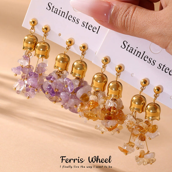 Handmade Stainless Steel And Natural Crystal Geometric Ferris Wheel And Lily Of The Valley Flower Electroplated Earrings For Women