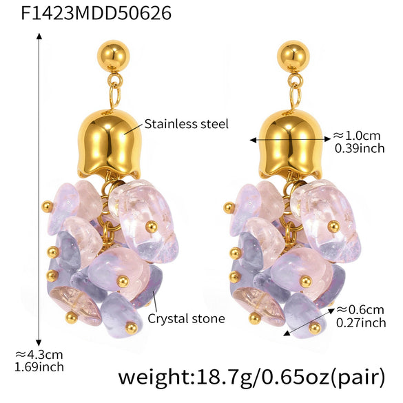 Handmade Stainless Steel And Natural Crystal Geometric Ferris Wheel And Lily Of The Valley Flower Electroplated Earrings For Women