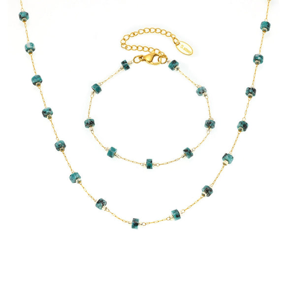 Handmade Stainless Steel And Titanium Steel Necklace Bracelet With Natural Blue And Green Stones Electroplated Decoration