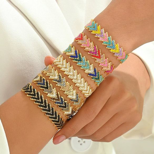 Handmade Stainless Steel Bracelet With Glass Glazed Rhombus Pattern Beads In Bohemian Style