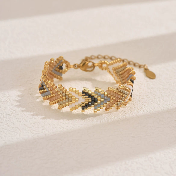 Handmade Stainless Steel Bracelet With Glass Glazed Rhombus Pattern Beads In Bohemian Style