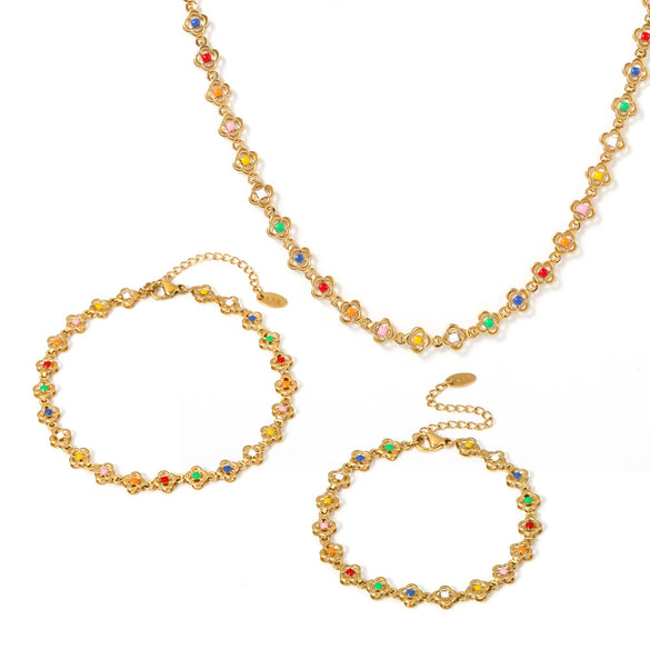 Handmade Stainless Steel Flower Chain Oil Dropping Color Necklace Bracelet Kanklet Suit With Electroplating