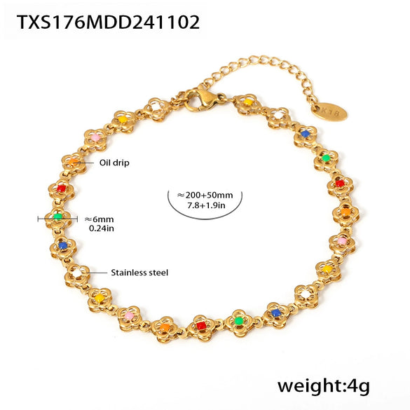 Handmade Stainless Steel Flower Chain Oil Dropping Color Necklace Bracelet Kanklet Suit With Electroplating