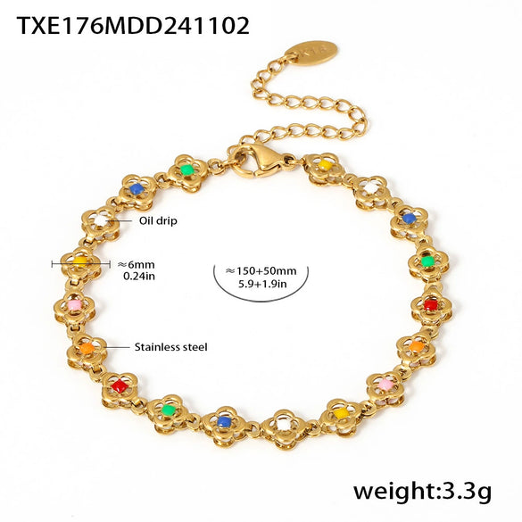 Handmade Stainless Steel Flower Chain Oil Dropping Color Necklace Bracelet Kanklet Suit With Electroplating