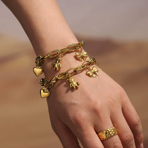 Handmade 316L Stainless Steel Geometric Pattern Women's Fashion Electroplated Bracelet With Bear Love Bow Multiaccessories
