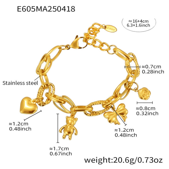 Handmade 316L Stainless Steel Geometric Pattern Women's Fashion Electroplated Bracelet With Bear Love Bow Multiaccessories