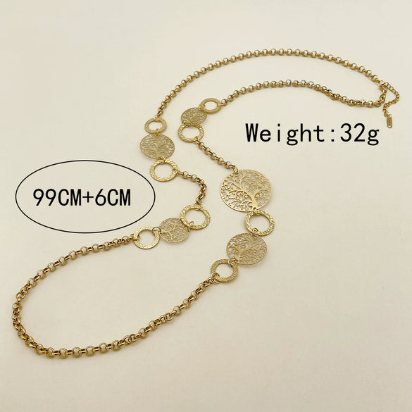 Handmade Stainless Steel Long Sweater Chain Necklace With Hollow Longevity Tree Ring Pattern And Electroplating Treatment