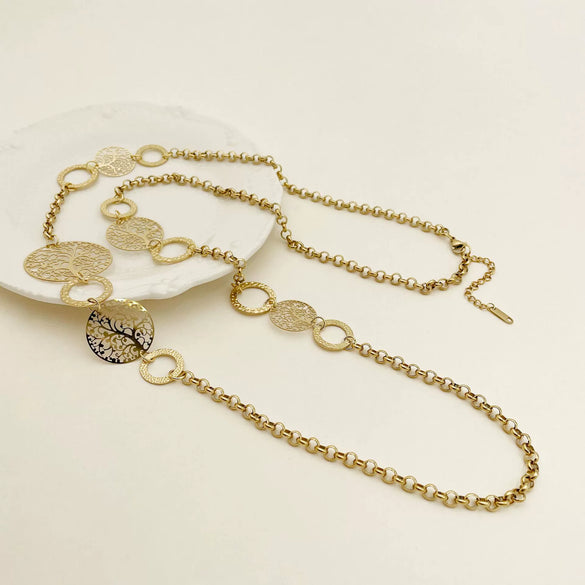 Handmade Stainless Steel Long Sweater Chain Necklace With Hollow Longevity Tree Ring Pattern And Electroplating Treatment