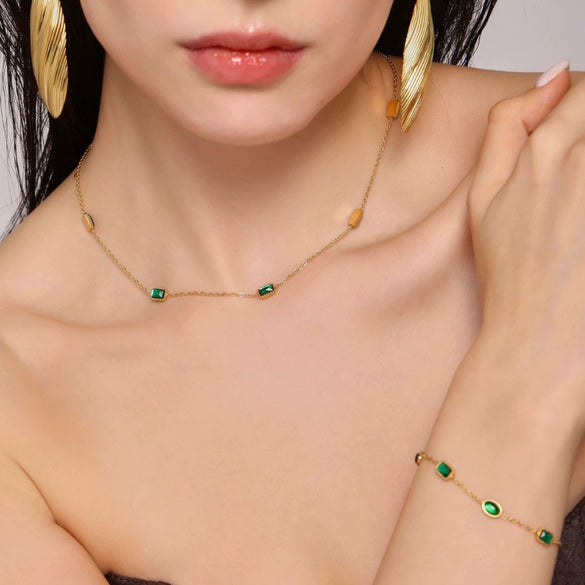 Handmade Stainless Steel Necklace And Bracelet Set With Inlaid Emerald Zircon Light Luxury Style Electroplated For Women