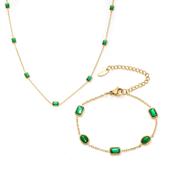Handmade Stainless Steel Necklace And Bracelet Set With Inlaid Emerald Zircon Light Luxury Style Electroplated For Women