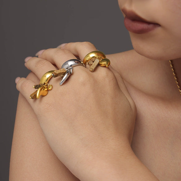 Handmade Stainless Steel Pvd Plated Geometric Tassel Ring For Women Light Luxury Creative Jewelry