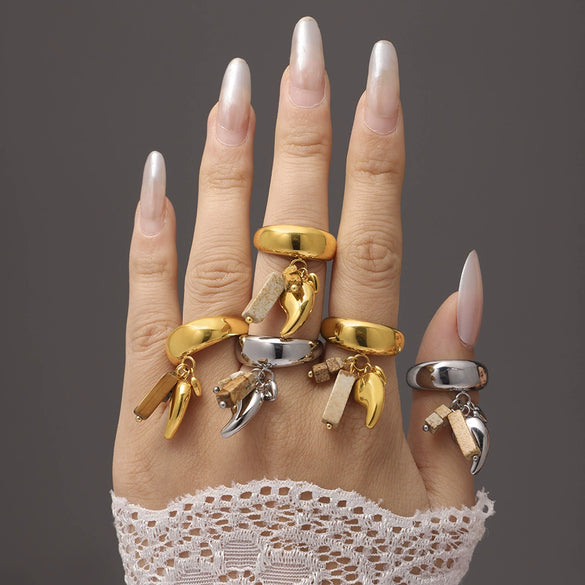 Handmade Stainless Steel Pvd Plated Geometric Tassel Ring For Women Light Luxury Creative Jewelry