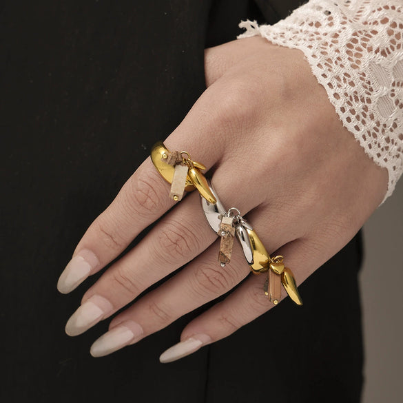 Handmade Stainless Steel Pvd Plated Geometric Tassel Ring For Women Light Luxury Creative Jewelry