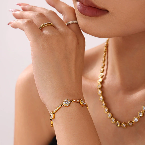 Handmade Stainless Steel Zircon Round Star Geometric Elegant Women's Bracelet 18K Gold Plated