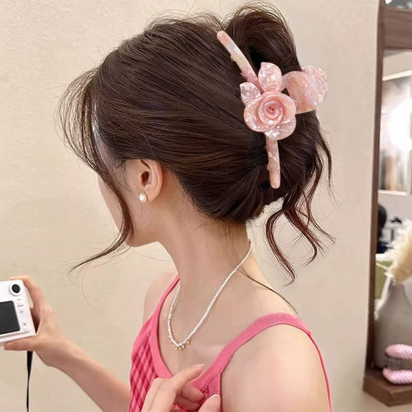 Handmade Threedimensional Twin Flower Acetate Hair Clip For Women