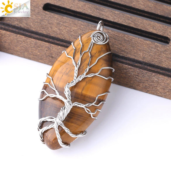 Handmade Tree Of Life Natural Stone Pendant Necklace Minimalist Copper Wire Wrapped Crystal Jewelry