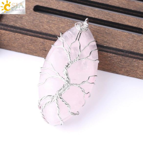 Handmade Tree Of Life Natural Stone Pendant Necklace Minimalist Copper Wire Wrapped Crystal Jewelry