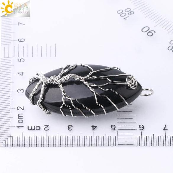 Handmade Tree Of Life Natural Stone Pendant Necklace Minimalist Copper Wire Wrapped Crystal Jewelry