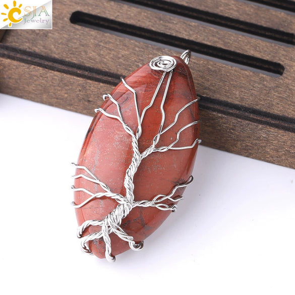 Handmade Tree Of Life Natural Stone Pendant Necklace Minimalist Copper Wire Wrapped Crystal Jewelry