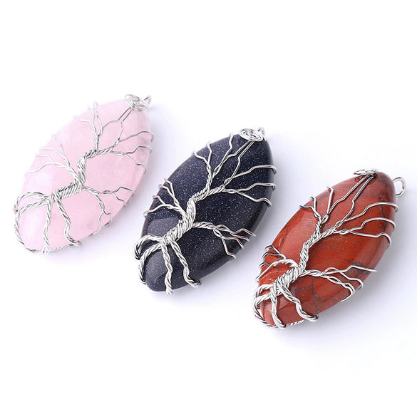Handmade Tree Of Life Natural Stone Pendant Necklace Minimalist Copper Wire Wrapped Crystal Jewelry