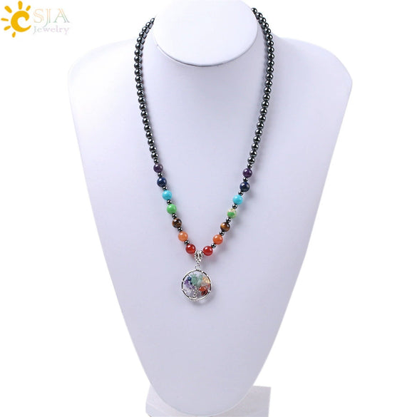 Handmade Tree Of Life Natural Stone Pendant Necklace With Winding Gravel Design Rope Chain And Electroplated Copper Accessories