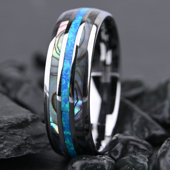 Handmade Tungsten Steel Ring With Natural Opal And Abalone Shell Inlay Unisex Minimalist Geometric Jewelry