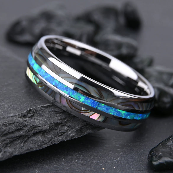 Handmade Tungsten Steel Ring With Natural Opal And Abalone Shell Inlay Unisex Minimalist Geometric Jewelry