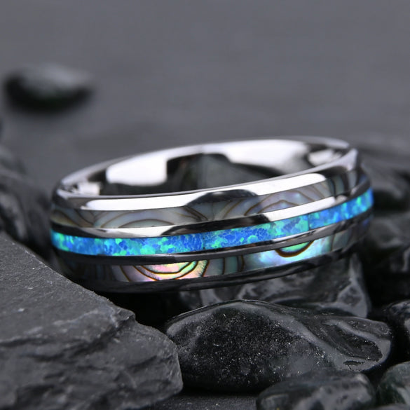 Handmade Tungsten Steel Ring With Natural Opal And Abalone Shell Inlay Unisex Minimalist Geometric Jewelry