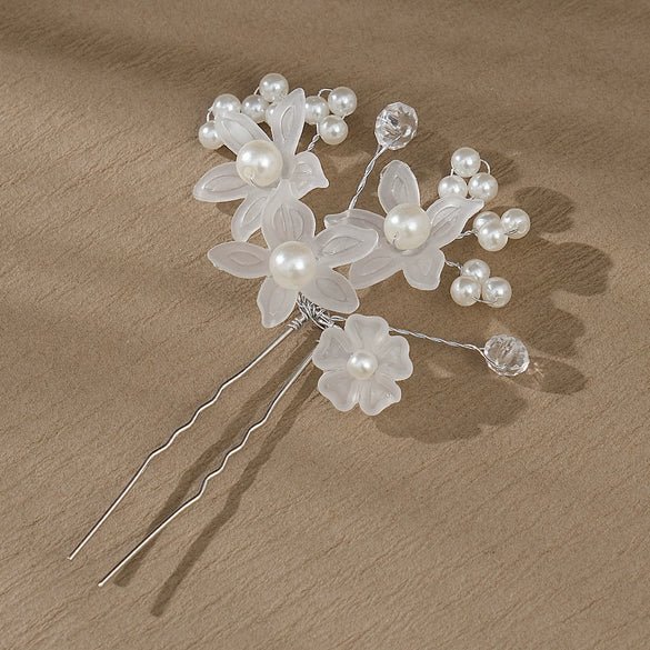 Handmade White Acrylic Flower Hairpin Alloy Bridal Hair Accessory For Wedding Banquet Party