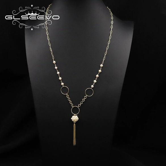 Handmade Women's Baroque Pearl And Green Agate Crystal Pendant Long Neck Collarbone Necklace With Geometric Design