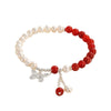 Handmade Women's Bracelet With Freshwater Pearl Southern Red Agate Aquamarine Beeswax And Rhombus Pattern