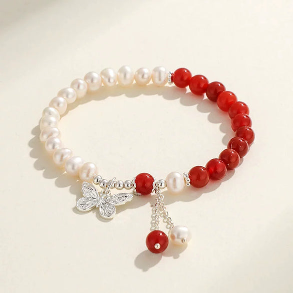 Handmade Women's Bracelet With Freshwater Pearl Southern Red Agate Aquamarine Beeswax And Rhombus Pattern