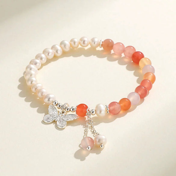 Handmade Women's Bracelet With Freshwater Pearl Southern Red Agate Aquamarine Beeswax And Rhombus Pattern