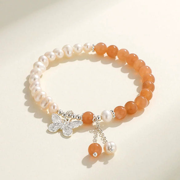Handmade Women's Bracelet With Freshwater Pearl Southern Red Agate Aquamarine Beeswax And Rhombus Pattern