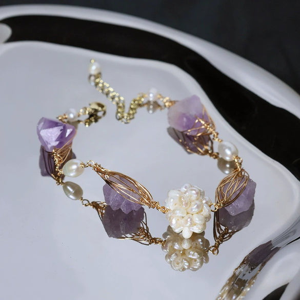 Handmade Women's Bracelet With Natural Freshwater Pearl Purple Crystal And Diamond Pattern Electroplated