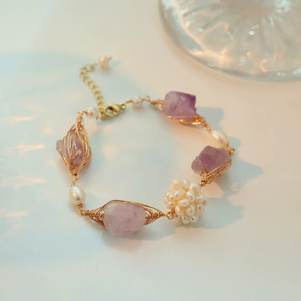 Handmade Women's Bracelet With Natural Freshwater Pearl Purple Crystal And Diamond Pattern Electroplated