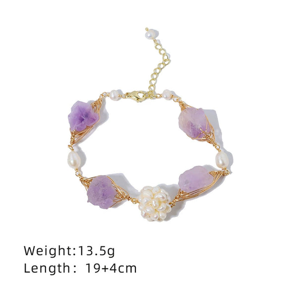Handmade Women's Bracelet With Natural Freshwater Pearl Purple Crystal And Diamond Pattern Electroplated