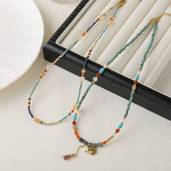 Handmade Women's Necklace With Czech Beads African Pine Glass Beads Red Agate Geometric Pattern Copper Pendant