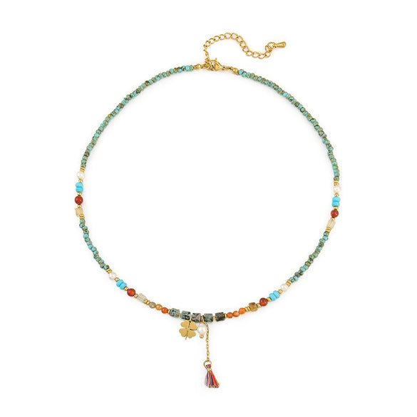 Handmade Women's Necklace With Czech Beads African Pine Glass Beads Red Agate Geometric Pattern Copper Pendant