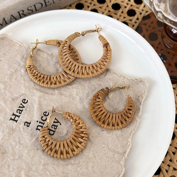 Handmade Wood Straw Rattan Geometric Women's Vacation Style Ring Earrings