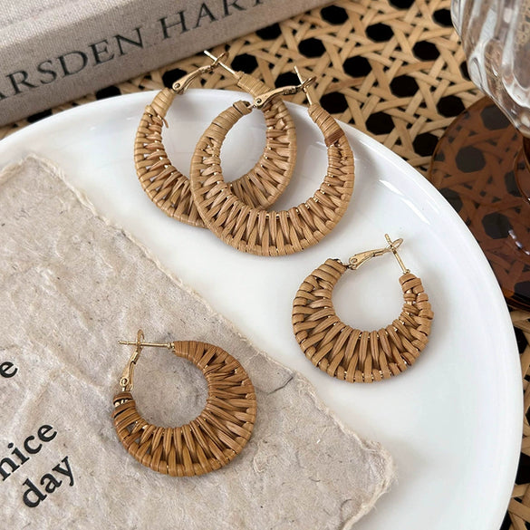 Handmade Wood Straw Rattan Geometric Women's Vacation Style Ring Earrings