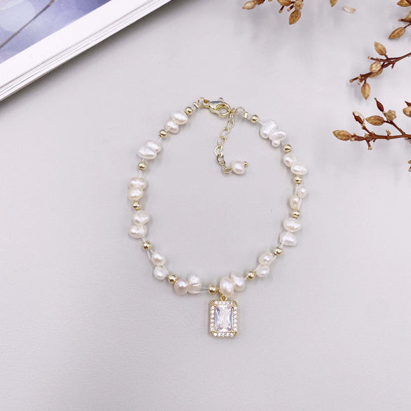 Handmade Woven Natural Pearl Bracelet With Rhombus Design For Women