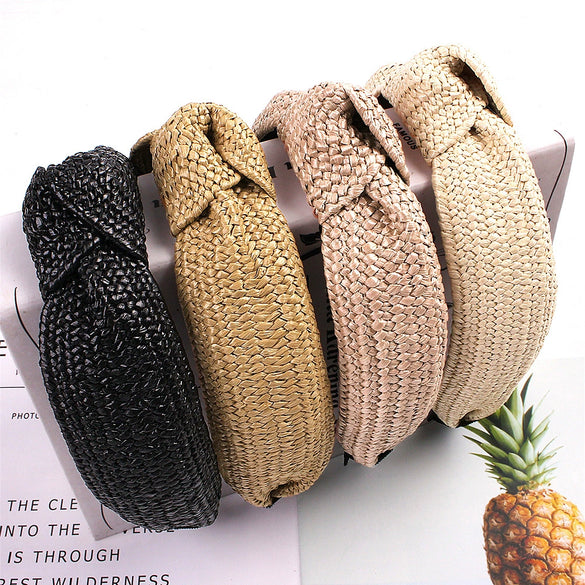 Handmade Woven Straw Style Cloth Hoop Headband For Women And Couples Spring Summer Hair Accessory