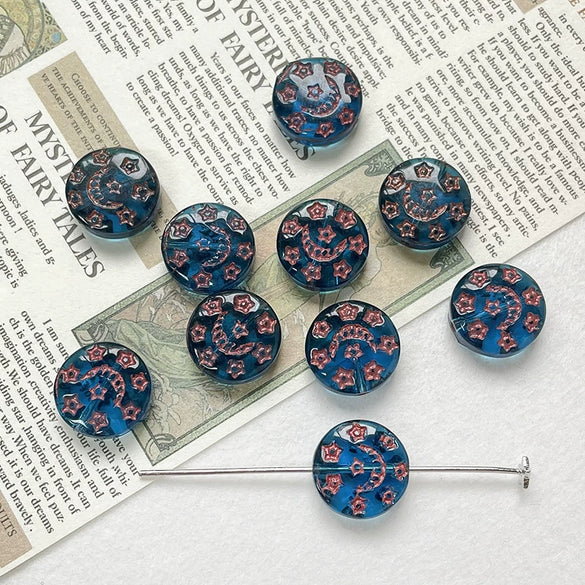 Handpainted Vintage Star And Moon Jewelry Bracelet Necklace With Czech Glass Beads And Circular Pattern Environmentally Friendly Handmade