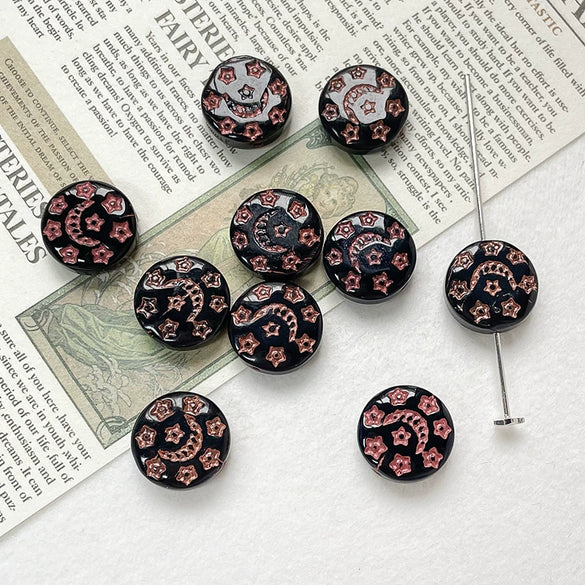 Handpainted Vintage Star And Moon Jewelry Bracelet Necklace With Czech Glass Beads And Circular Pattern Environmentally Friendly Handmade