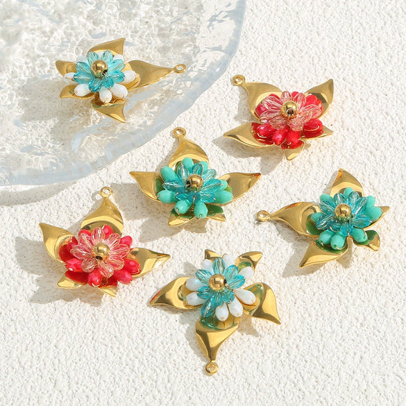 Handwoven Bead Flower Stainless Steel Pendant Accessories Flower Shape Electroplated