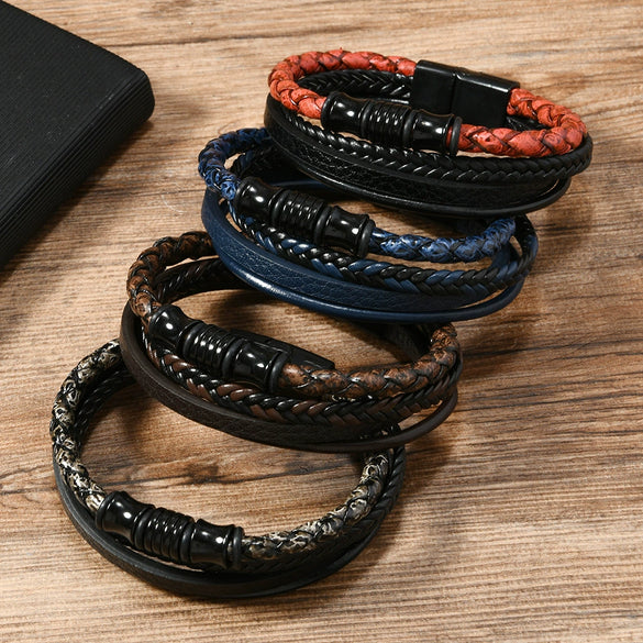 Handwoven Geometric Vintage Alloy And Leather Men's Magnetic Buckle Bracelet